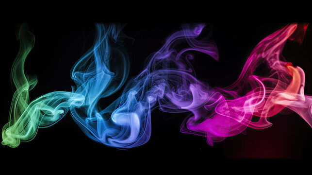 Colorful purple, green, pink, blue smoke with peaks on black background. Rainbow colors abstract background concept