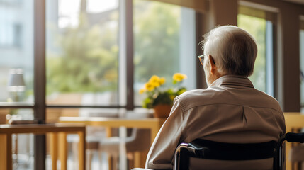 Une personne âgée qui est assise en chaise roulante seule, regardant par la fenêtre.
