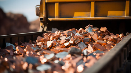 Gros plan sur des minerais de cuivre à l'arrière d'un camion, tout juste extraient d'une mine. - obrazy, fototapety, plakaty