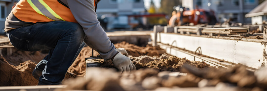 Un ouvrier en gilet de s&eacute;curit&eacute; qui s'accroupit sur un chantier de construction, travaillant sur des fondations en b&eacute;ton.