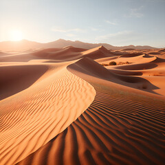 Fototapeta na wymiar Mysterious desert landscape with sand dunes, Sand dunes in the Sahara Desert at amazing sunrise, Merzouga, Morocco.AI generated, sand dunes in the desert at sunset, panoramic view, A dense and myst
