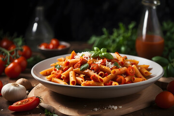 Penne with arabiata sauce on a white plate