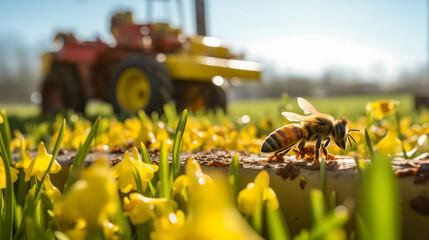 Gros plan sur une abeille en train de butiner des fleurs dans un champ. En arrière plan, un tracteur. 