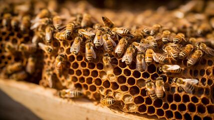 Des abeilles sur des alvéoles d'une ruche. - obrazy, fototapety, plakaty