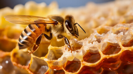 Gros plan sur une jeune abeille dans une ruche.  - obrazy, fototapety, plakaty