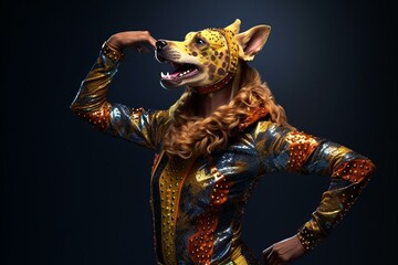 Wild dog in disco costume, dance party theme. Generative AI