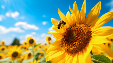 Gros plan sur une abeille en train de butiner un tournesol pour récupérer du nectar pour la fabrication du miel. - obrazy, fototapety, plakaty