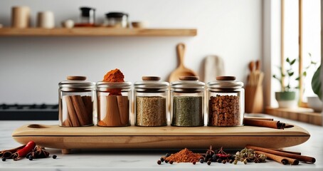 Fototapeta na wymiar A sleek and modern spice rack with two wooden spoons, each cradling fragrant spices such as cinnamon, cardamom -Generative Ai