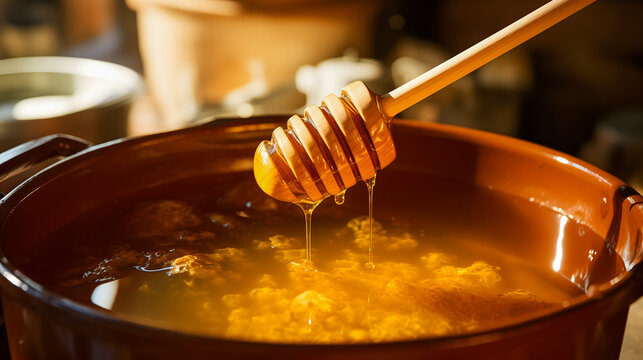 Une cuill&egrave;re &agrave; miel en bois qui d&eacute;gouline de miel et qui se d&eacute;verse dans un pot.