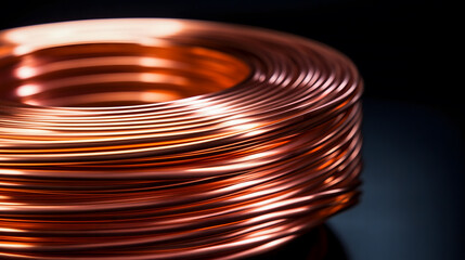 Une bobine de tuyaux de cuivre brillante sur fond sombre.