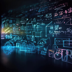 Neon formulas, calculations, math marks, block diagram, flowchart written on transparent glass wall on black background. Purple, blue scientific signs