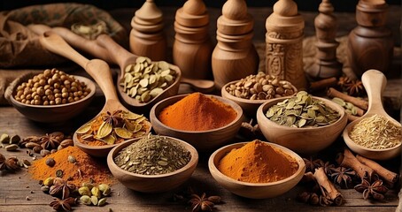 A vintage spice market scene with two wooden spoons artistically arranged, each holding an array of spices such as ginger, nutmeg, -Generative Ai