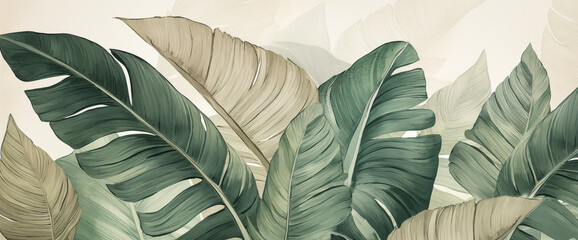Tropical plants wallpaper design with banana leaves. Jungle background, big leaf plants landscape, green mural art. Musa paradisiaca Linn safari backdrop for copy space 