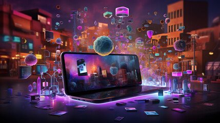 an immersive scene showcasing Virtual Reality Gaming Experiences, featuring VR headsets, interactive simulations, futuristic settings, and enthralled gamers, illustrating the excitement and immersion 