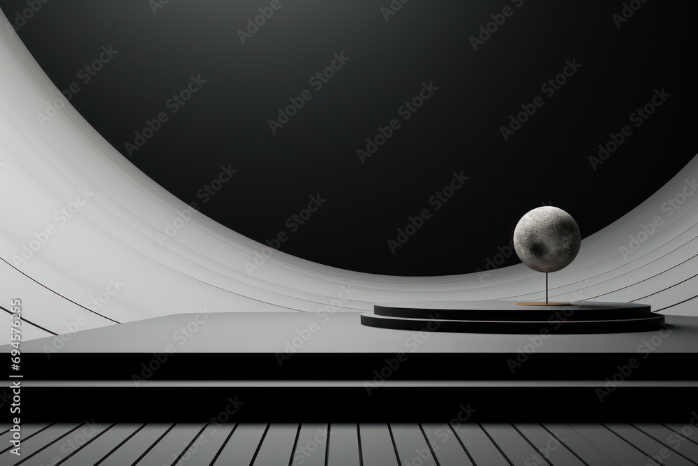 Poster a minimalist black and white design, featuring geometric patterns and open space for customizable te