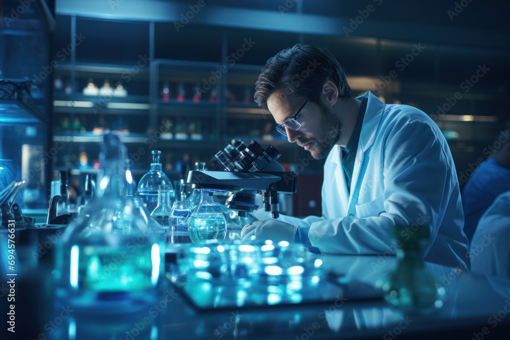 Poster a scientist conducting experiments in a laboratory, emphasizing the pursuit of knowledge and advance