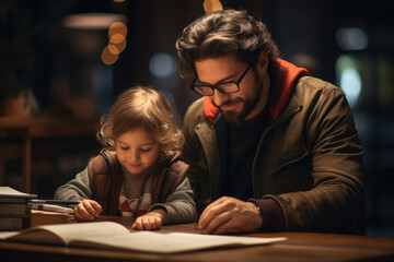 A parent helping a child with homework, embodying the responsibilities and care involved in nurturing the next generation. Generative Ai. - obrazy, fototapety, plakaty