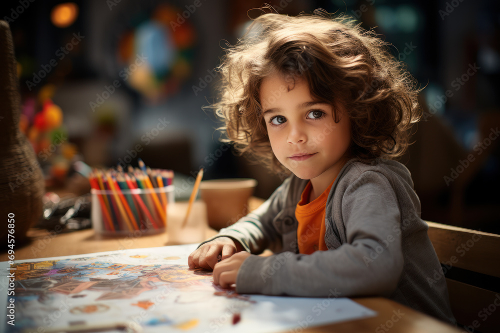 Poster deep concentration marks the child's expression as they engage in a creative activity. concept of fo