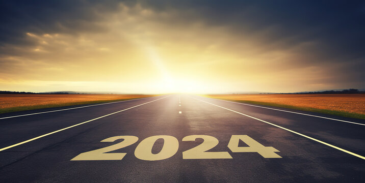Empty street with "New Year 2024" written on the road. A conceptual image symbolizing setting goals and aspirations for the upcoming year, generative ai