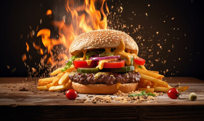 Exploding hamburger on a wooden background