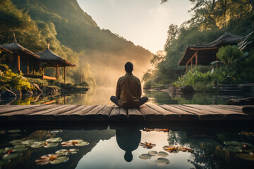 An individual practicing mindful meditation, surrounded by serene nature. Concept of incorporating mindfulness into daily living. Generative Ai. - obrazy, fototapety, plakaty