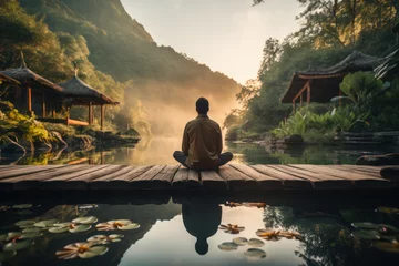 Fotobehang An individual practicing mindful meditation, surrounded by serene nature. Concept of incorporating mindfulness into daily living. Generative Ai. © Sebastian
