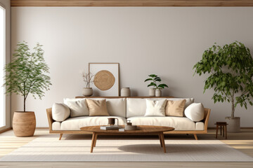 A minimalist living room with essential furniture, embracing a simple and clutter-free lifestyle. Concept of minimalist living practices. Generative Ai.