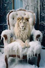 White lion lying on  frozen armchair  with the snow in background.