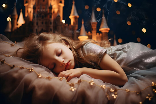 Child sleeping on the bed,princess kingdom in background,perfect lights.