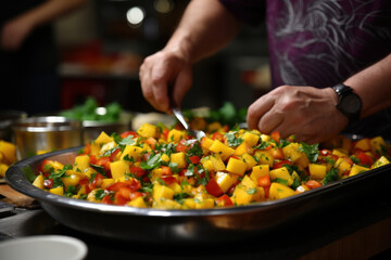A hands-on cooking class where participants learn to make fruit salsa, emphasizing the versatility of fruits in savory dishes. Concept of culinary education. Generative Ai.