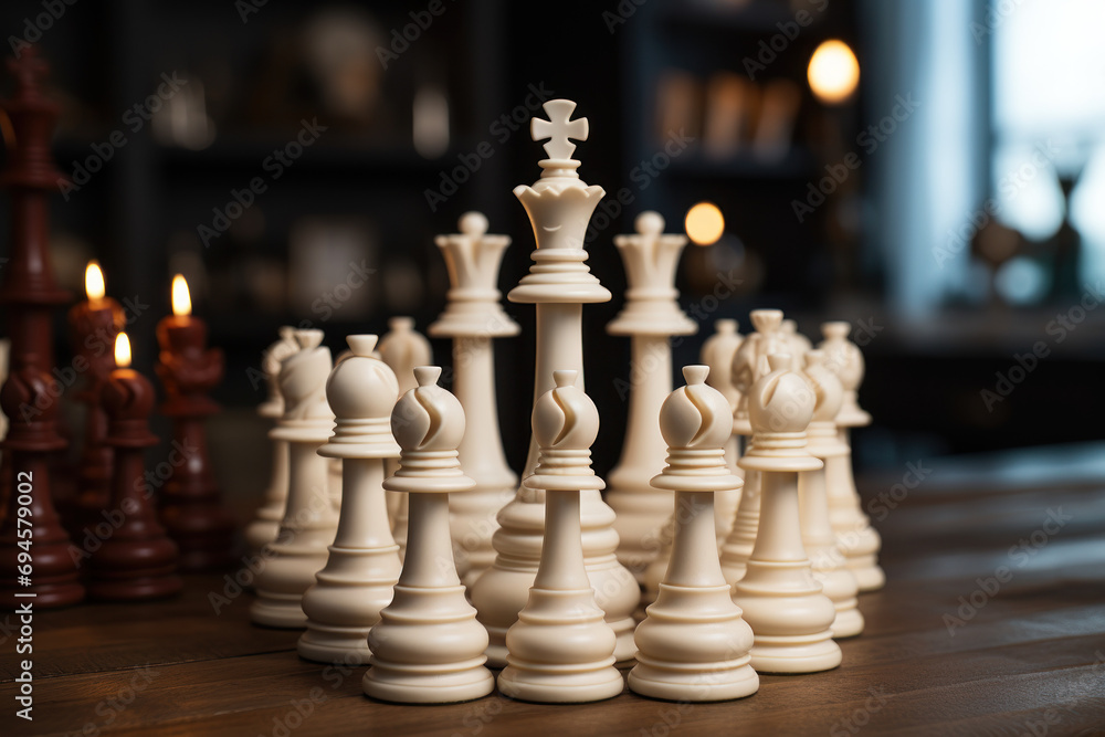 Poster a classic chess set with white pieces strategically positioned, embodying the intellectual challenge
