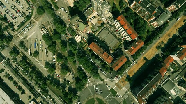 Aerial top down shot of streets and residential buildings in Turin, Italy
