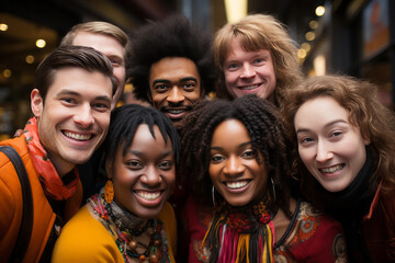 Portrait of a group of happy young people standing in the street.