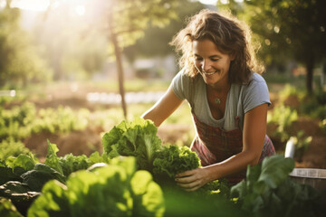 Portrait of a young woman working in her vegetable garden. Selective focus.