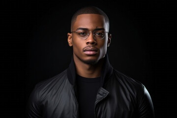 Fototapeta premium Young african american man in black leather jacket and glasses on dark background