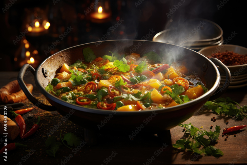 Sticker A steaming bowl of vegetable curry with aromatic spices, showcasing the richness and diversity of global cuisines. Generative Ai.