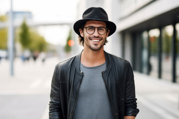 Portrait of a smiling young man in hat and glasses standing outdoors