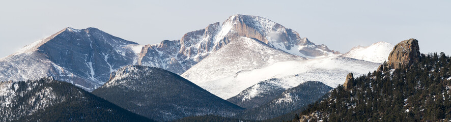 13,916 Foot Mount Meeker and 14,259 Foot Longs Peak, Colorado.  Panoramic view of Rocky Mountain...