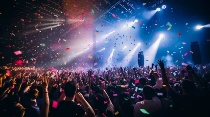Foto op Aluminium Vibrant concert scene, large enthusiastic crowd, diverse ethnicity, various ages, cheering, waving hands, confetti © Massimo Todaro