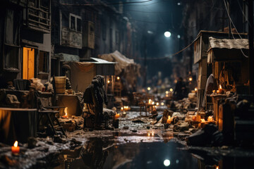 A cityscape at night, with makeshift cardboard shelters illuminated by dim streetlights, depicting...