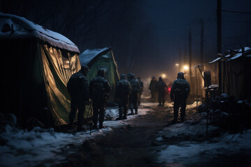 A line forming outside a shelter on a cold winter night, underscoring the urgent need for accessible and adequate housing resources. Generative Ai.