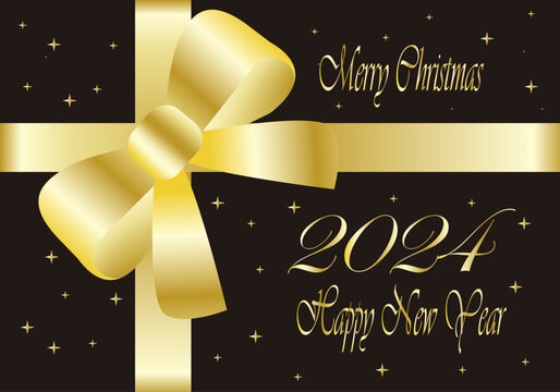 Felicitaci&oacute;n navide&ntilde;a 2024 con lazo y texto dorado con estrellitas sobre fondo negro. Christmas