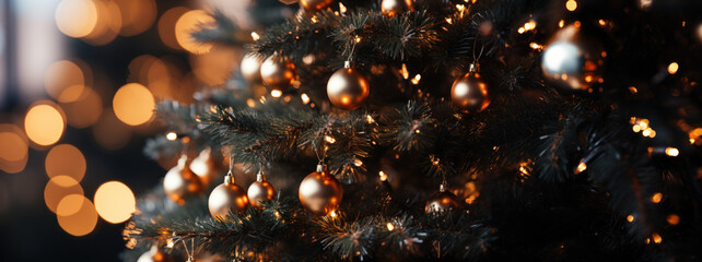 Christmas tree with gold balls blurred background and bokeh