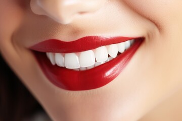 Extreme close-up of beautiful woman smile with red lips and perfect white teeth