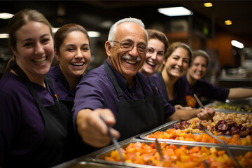 Cheerful culinary team posing behind a food counter in a restaurant, with a senior chef in the foreground.