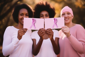Three joyful multiethnic women outdoors, in a serene natural setting, proudly display signs with pink ribbons for cancer awareness on World Cancer Day.