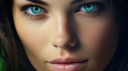 Extreme close-up on woman face with perfect skin and stunning gaze, blue and green eyes