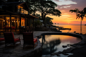 Fototapeta premium Luxurious seaside resort with infinity pool at sunset, warm lights reflecting on water, and tranquil atmosphere.