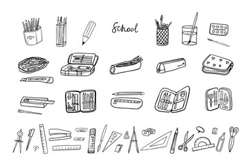 Big cute set of school supplies. Pencil cases, scissors, glue, pencil, eraser, pen, ruler, paper clips, compasses, brushes, paints. Back to school. Good for posters, stickers, professional design  - obrazy, fototapety, plakaty
