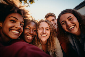 Fototapeta premium Group of friends taking a selfie on the street. Group of young people having fun outdoors.